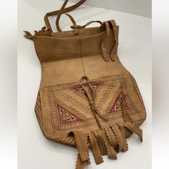 Hippie Boho Y2K Shoulder Bag Purse Fringe Brown Leather Hand Made Painted - Picture 5 of 8